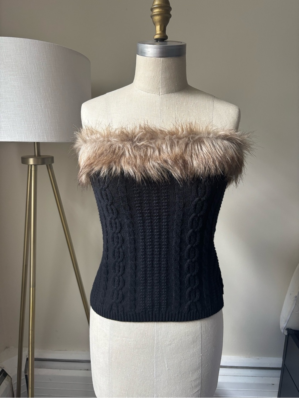 Talbots Black Cable-Knit Off-Shoulder Sweater with Faux-Fur Trim